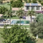 Vista aérea de la piscina con palmeras, caseta de piedra con porche y la casa al fondo