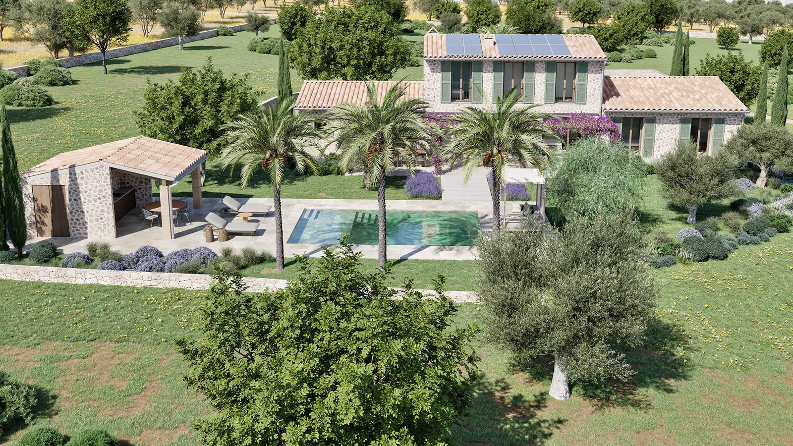 Vista aérea de la piscina con palmeras, caseta de piedra con porche y la casa al fondo