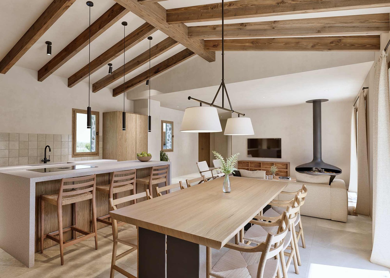 Cocina abierta con isla clara, taburetes de madera, mesa de comedor, chimenea colgante y vigas vistas