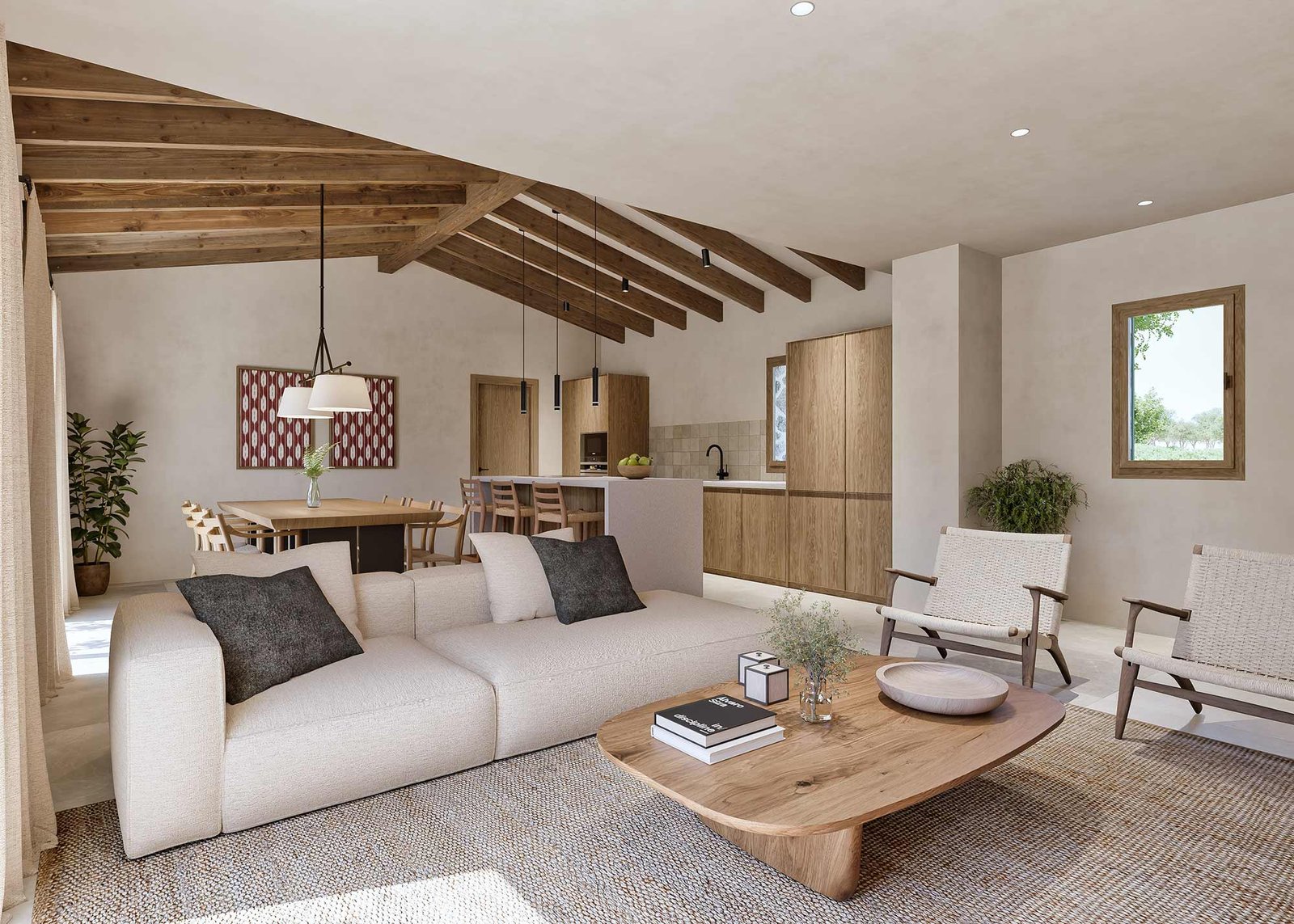 Salón con sofá crudo, sillones de cuerda, mesa de centro de madera y cocina al fondo