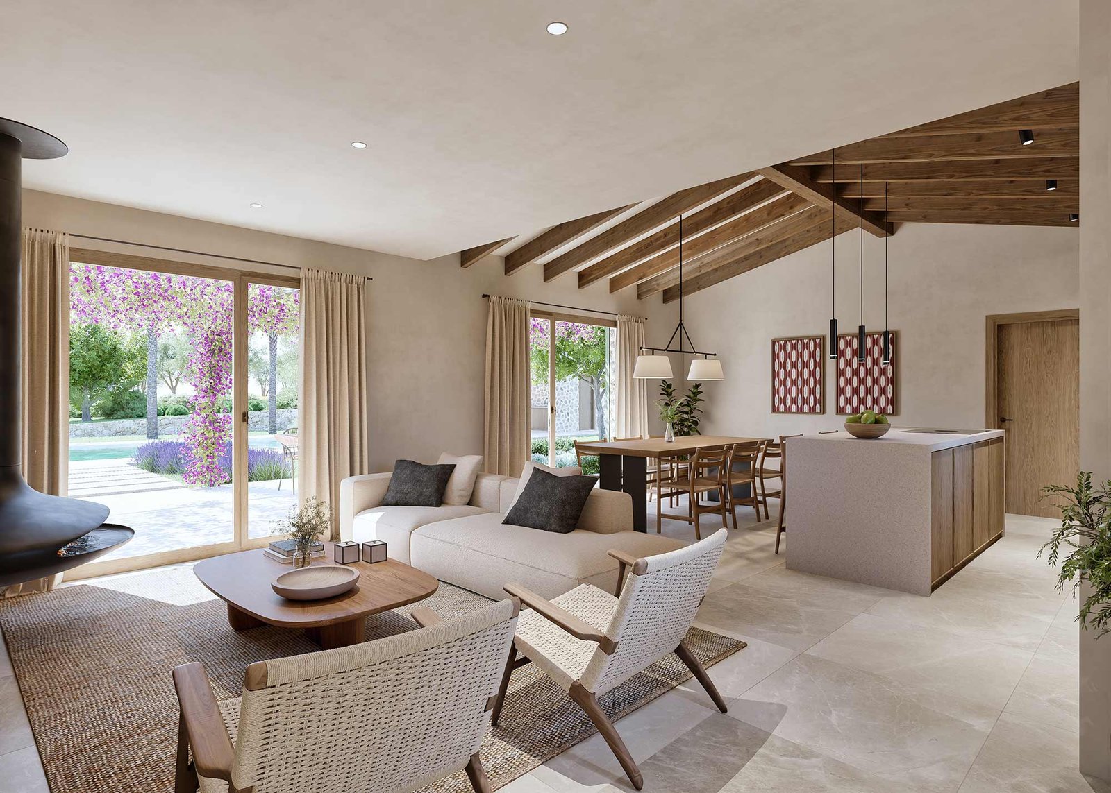 Salón-comedor con puertas correderas al jardín, pérgola florida, piscina, suelo claro y vigas de madera vistas