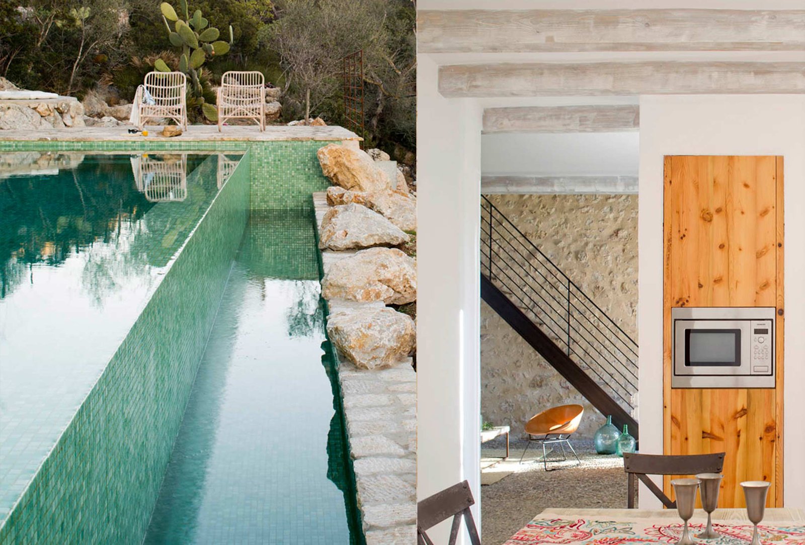 Piscina de mosaico verde junto a rocas y comedor con vigas blancas, escalera y armario de madera