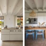 Cocina blanca con isla, mesa de madera, sillas azules y vigas blancas, en dos vistas