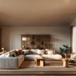 Salón con sofá esquinero claro, estantería de madera, cocina abierta y ventanal al jardín