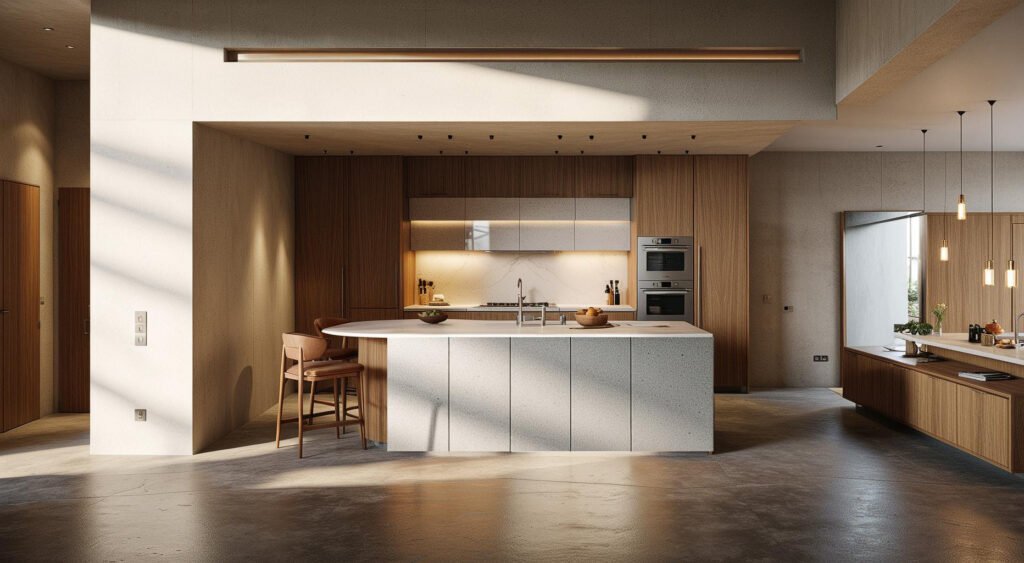 Villa Bonaire 43, cocina con isla de hormigón, armarios de madera y luz cálida sobre suelo pulido