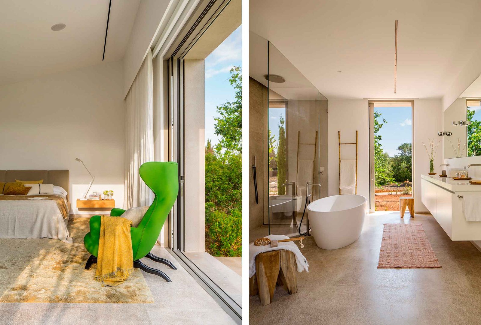 Díptico con dormitorio, sillón verde junto al ventanal corredero y baño con bañera exenta