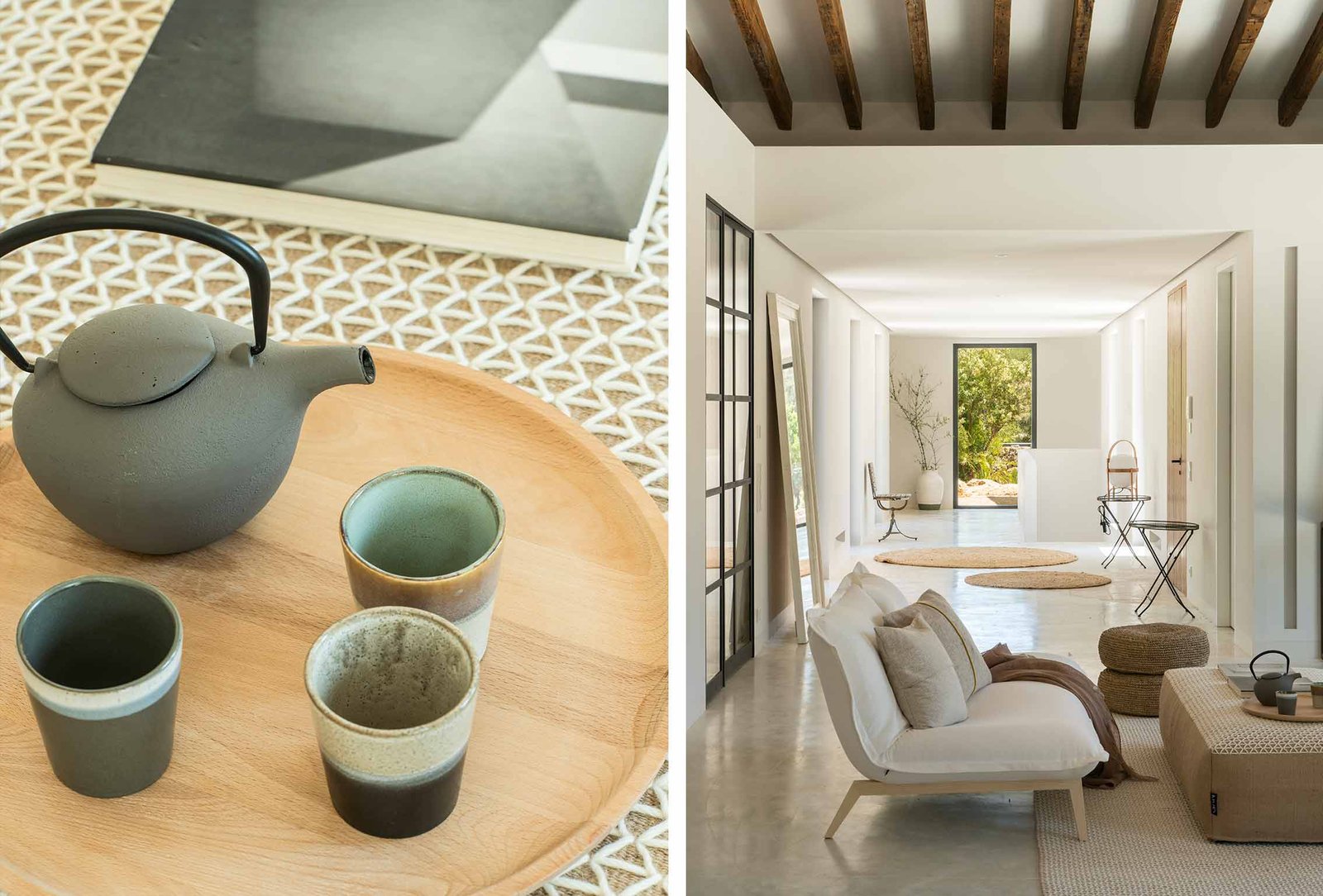 Detalle de tetera y tazas sobre bandeja de madera, y pasillo luminoso con vigas y sofá blanco