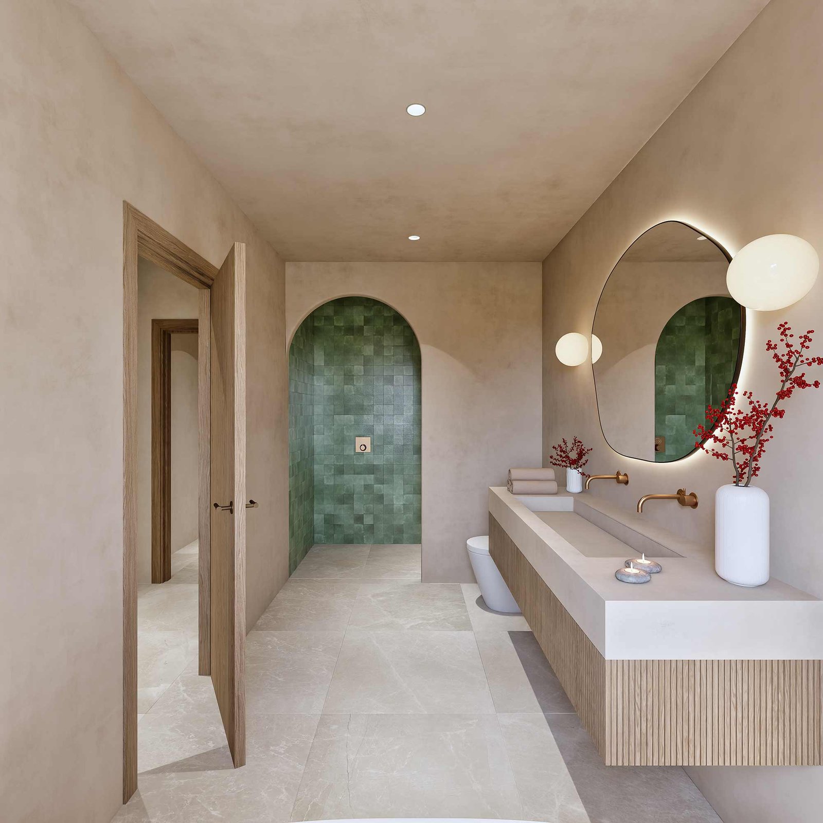 Baño con ducha en nicho arqueado de azulejo verde, paredes beige, doble grifería y espejo orgánico iluminado