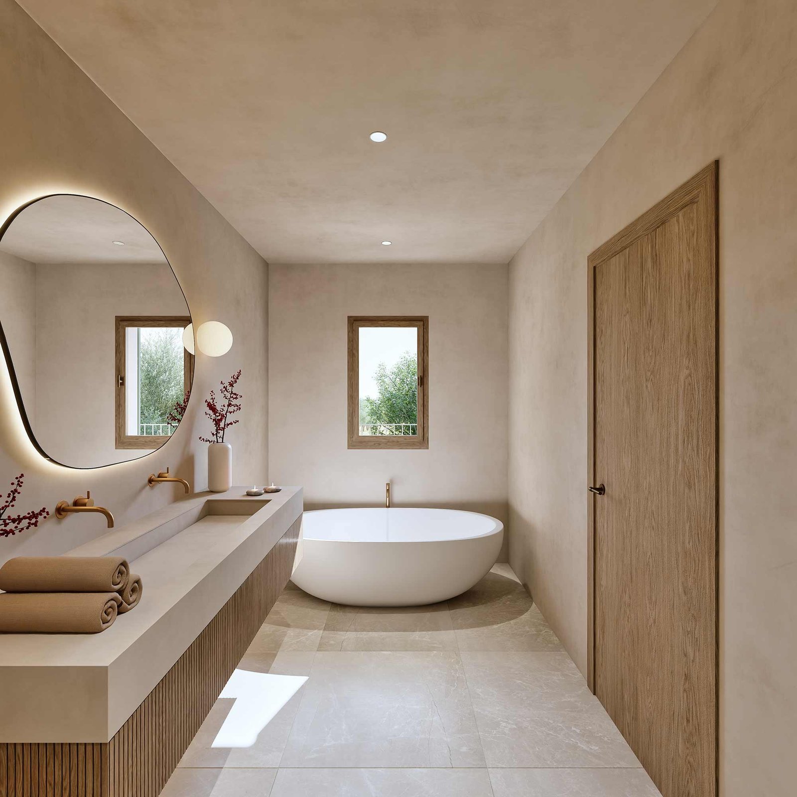 Baño con bañera exenta blanca, lavabo suspendido, espejo iluminado y ventana con vistas a árboles verdes